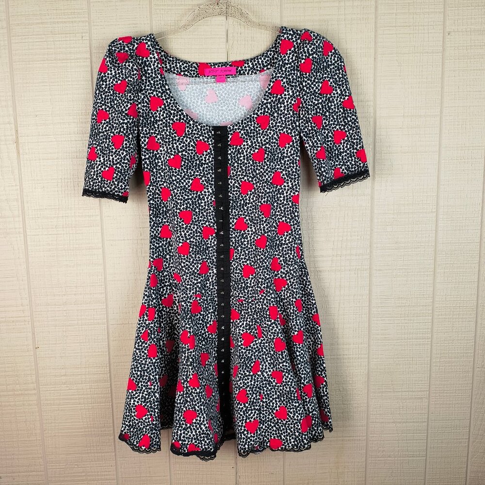 Betsey Johnson Knit Skater Mini Dress Red Black Heart Print XS